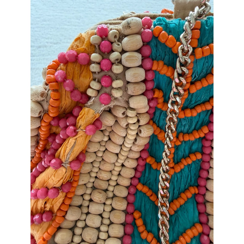 Viral Made in India Handcrafted Artisan Beaded Clutch/Purse Gold Tone Chain - Picture 3 of 16